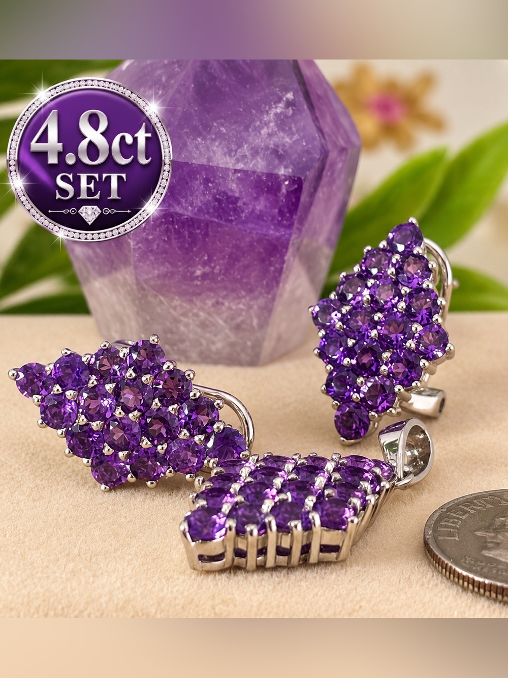 Amethyst SET‼️ Earrings Pendant 14k white Gold on Sterling Silver
